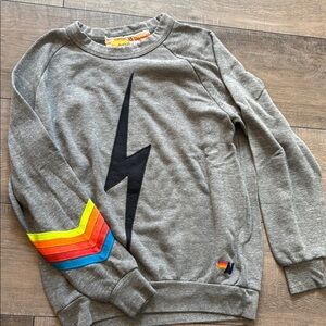 Aviator Nation Gray Sweatshirt with Black Bolt and Rainbow Sleeve